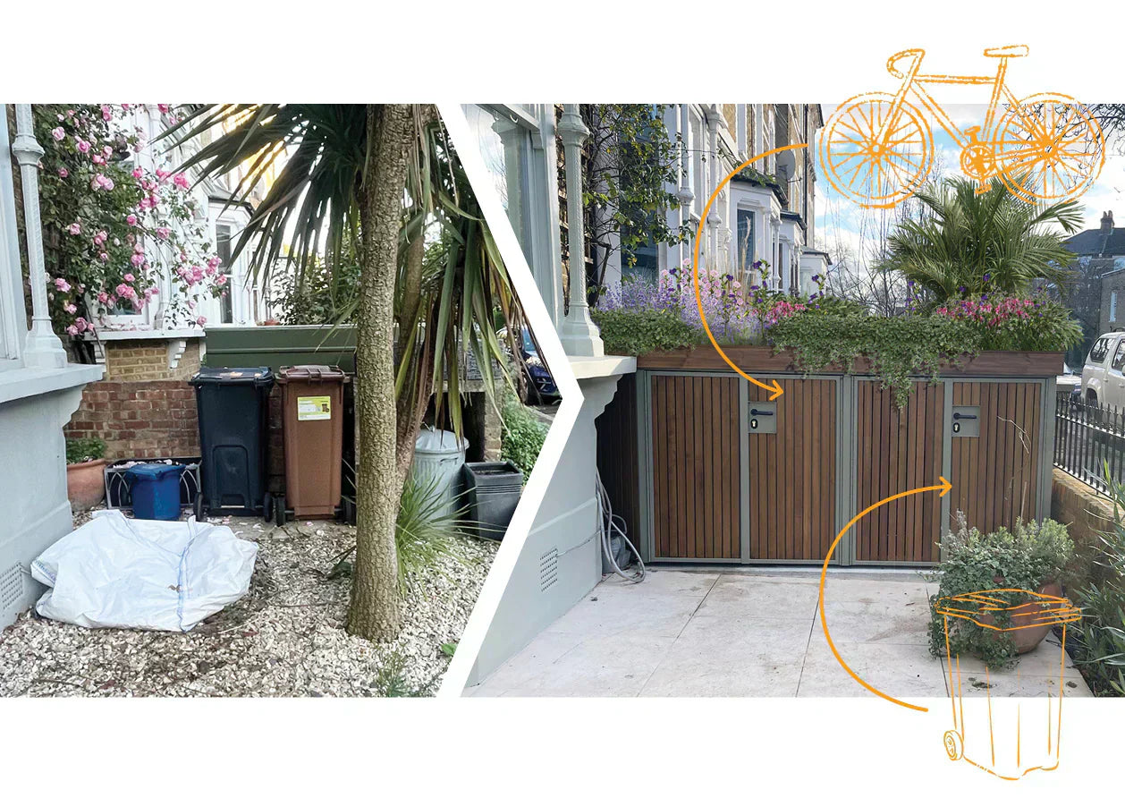 A before and after an Atlanticbike bike shed comparison of a high value property in London