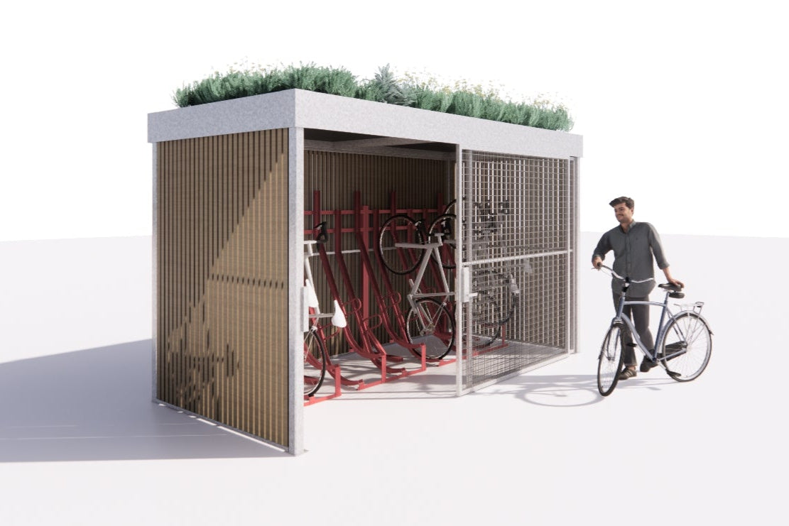 Call to action inviting developers to collaborate on bespoke green roof bike shelters that combine practicality, sustainability, and standout design.