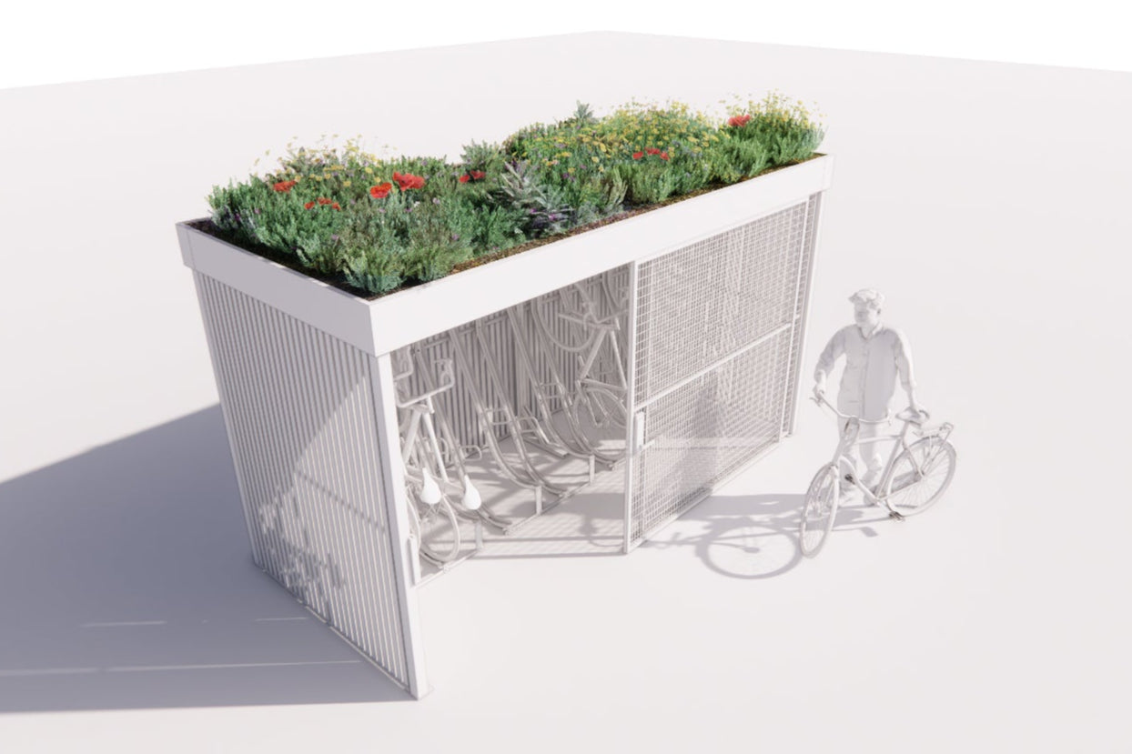 Green roof cycle shelter symbolising a developer’s commitment to sustainability, helping meet BREEAM and biodiversity goals while supporting a greener future.