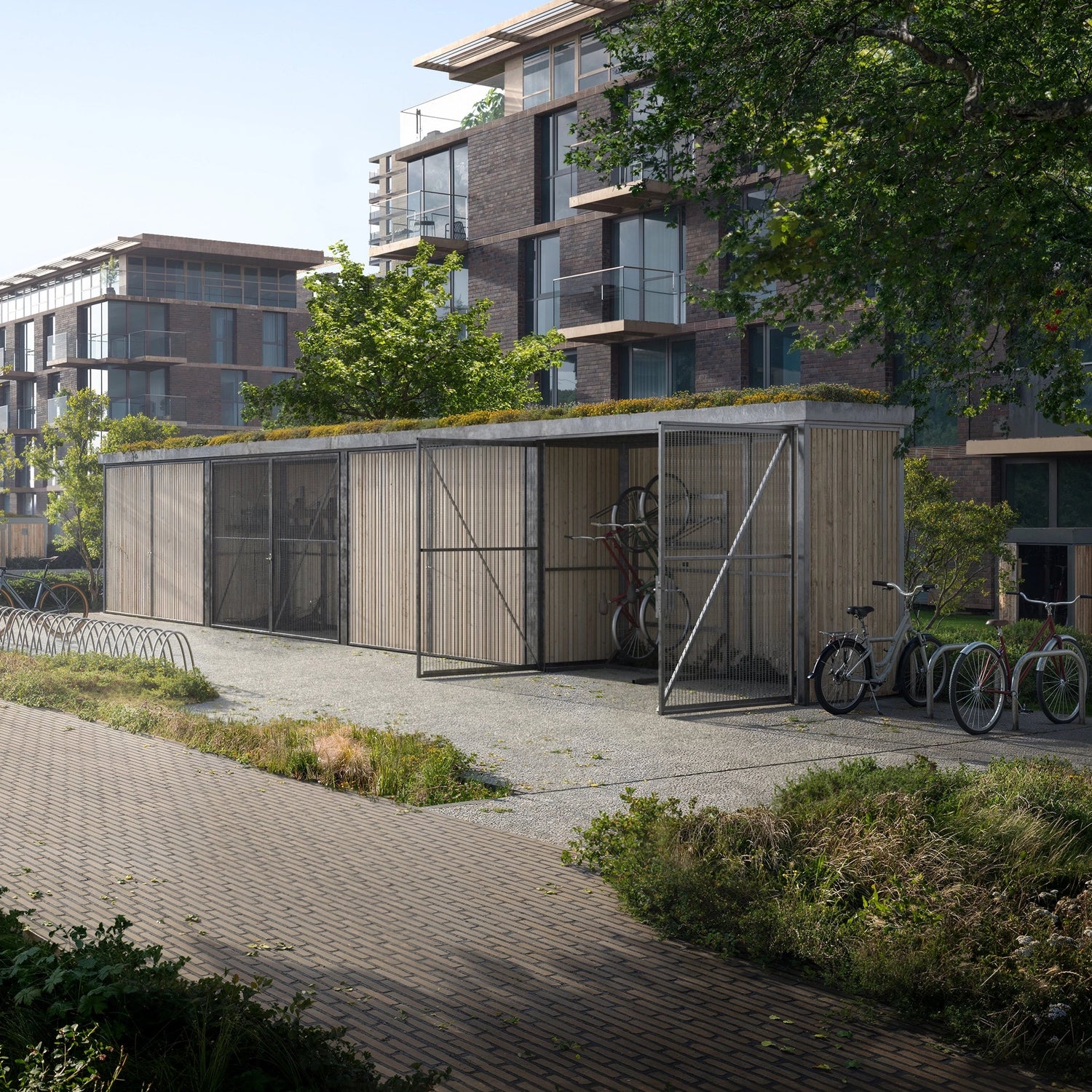 Team conducting site survey for green roof cycle shelter installation, ensuring a streamlined and transparent process for residential developments.