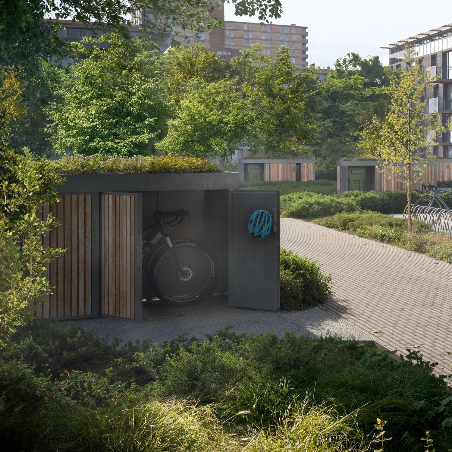 Sustainable green roof cycle shelter offering a premium, low-maintenance solution for housing developments—designed for durability, security, and kerb appeal.
