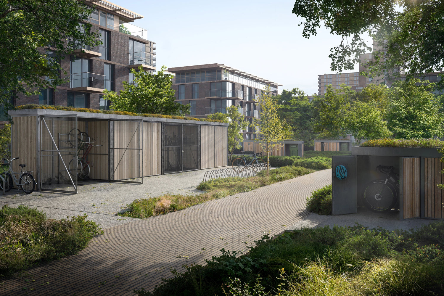 Thoughtfully designed green roof bike shelters seamlessly integrated into modern housing development, enhancing project goals and aesthetic appeal.