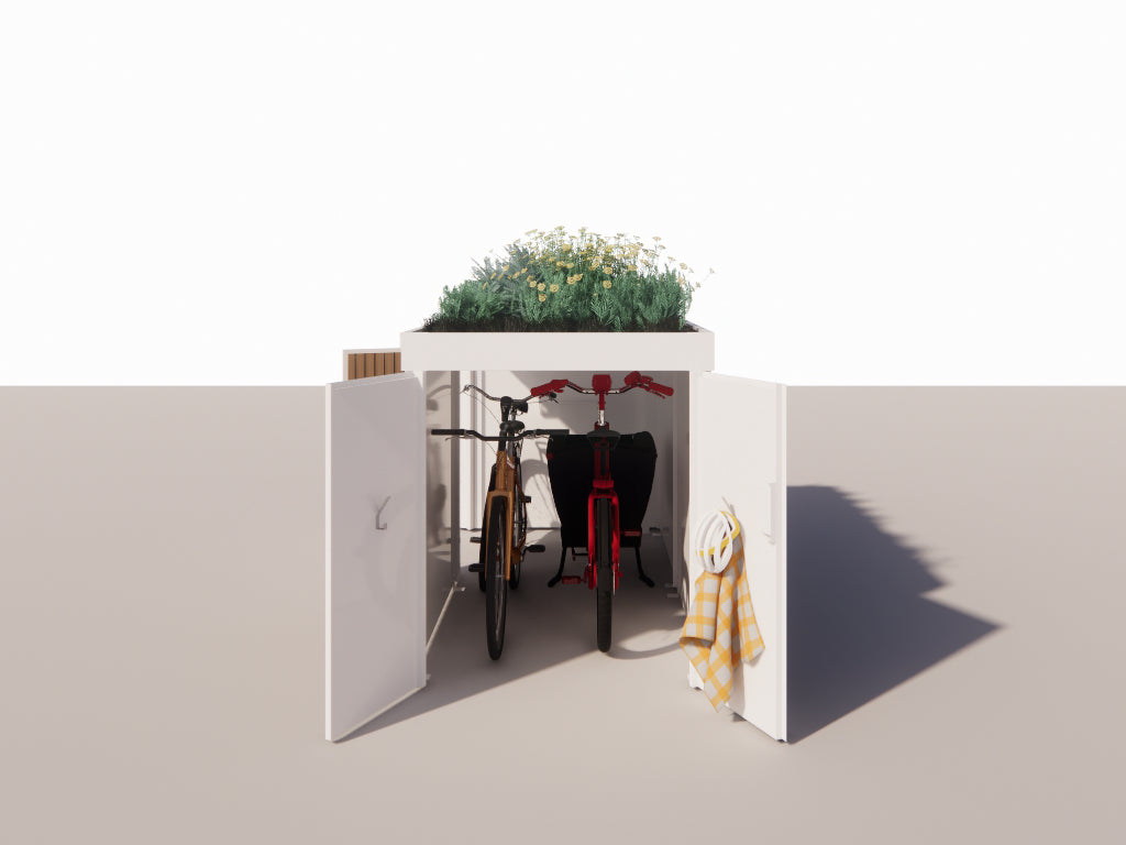 Spacious front garden cargo bike storage with easy access and green roof, open end-on access with cargo bike, one road bike and one dutch bike inside