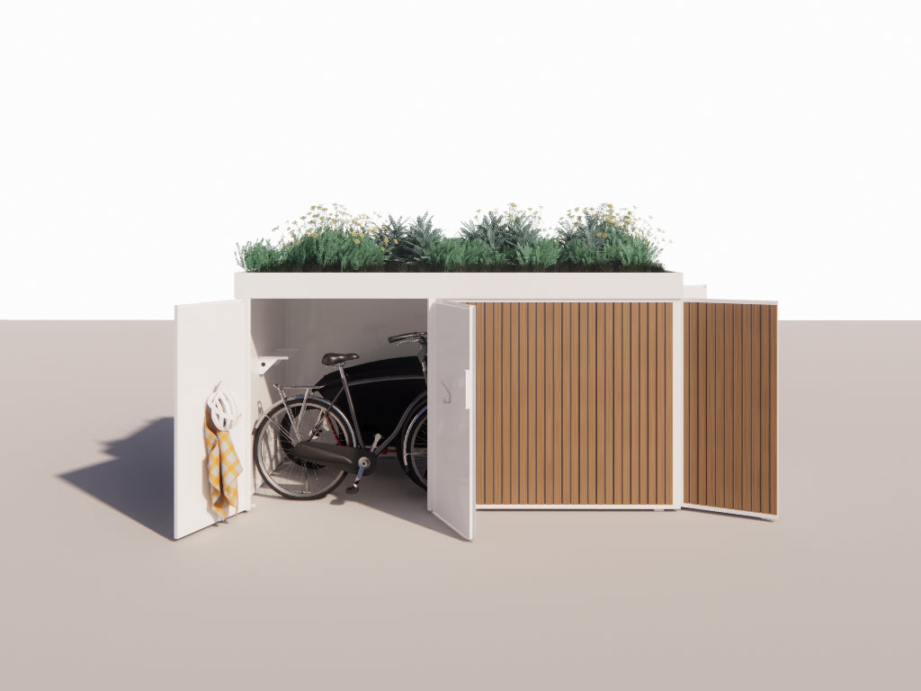 Spacious front garden cargo bike storage with easy access and green roof, side access with gear store equipment