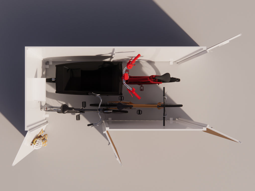 Modern front garden bike storage for cargo bikes with double access