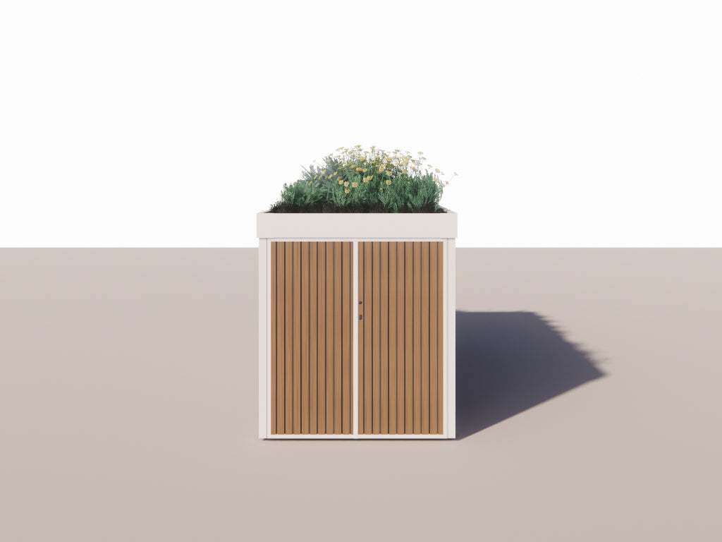 Verde Cargo secure front garden cargo bike storage with green roof, closed view end-on side