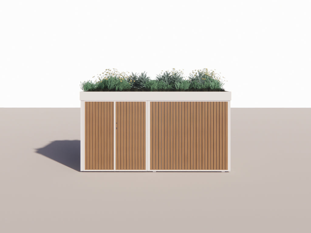 Verde Cargo secure front garden cargo bike storage with green roof, closed view