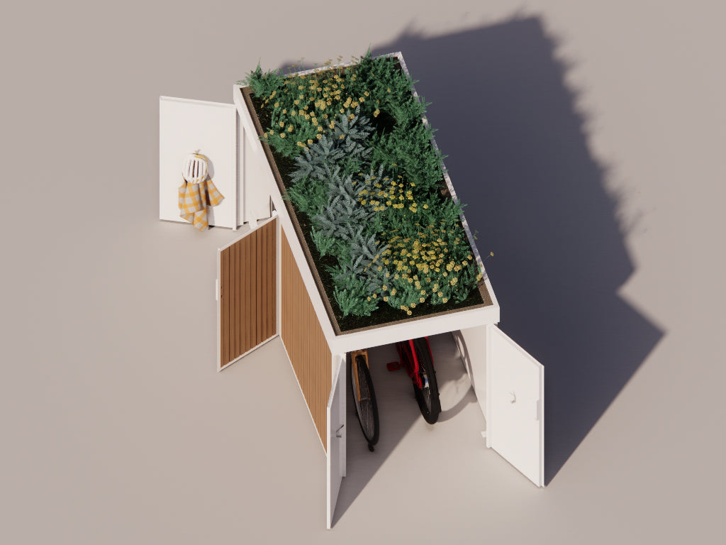 Green roof cargo bike storage aerial view for access