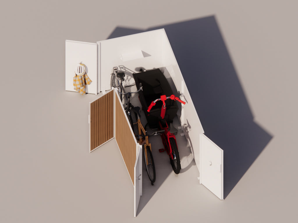 Green roof cargo bike storage for front garden wall replacement, aerial view with visible single compartment