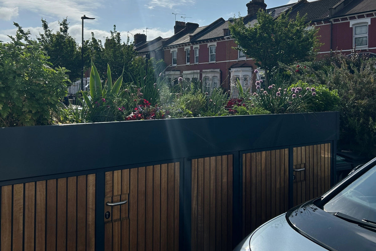 Bespoke Verde Line single compartment bike shed with biodiverse planted green roof designed for urban ecology