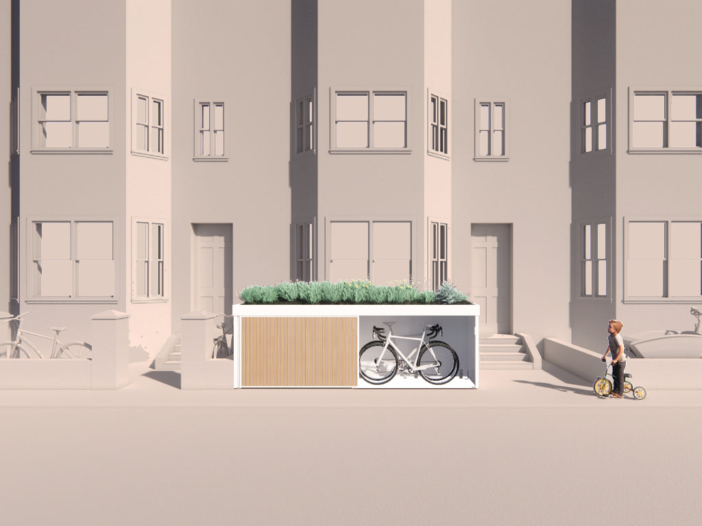 Verde Muro front garden wall replacement bikes and bins storage with green roof, open view on bikes side replacing brick wall