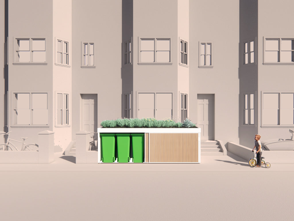 Verde Muro front garden wall replacement bikes and bins storage with green roof, open view on bins side replacing brick wall