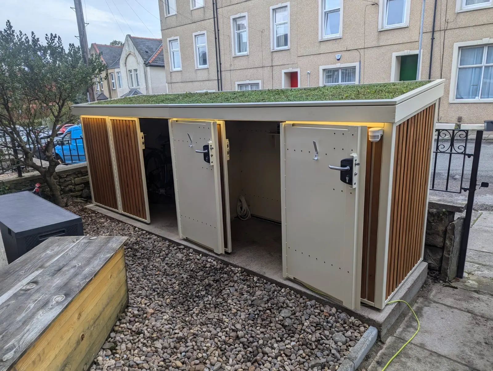 Verde Plus with both compartments open, showing double bike compartment storage configuration