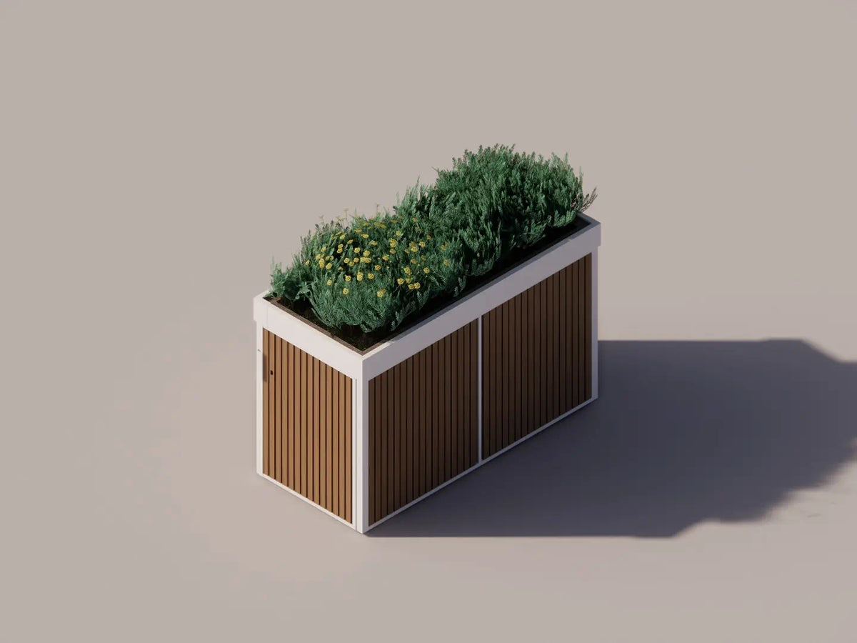 Overhead axonometric view of compact white bike shed for front garden use