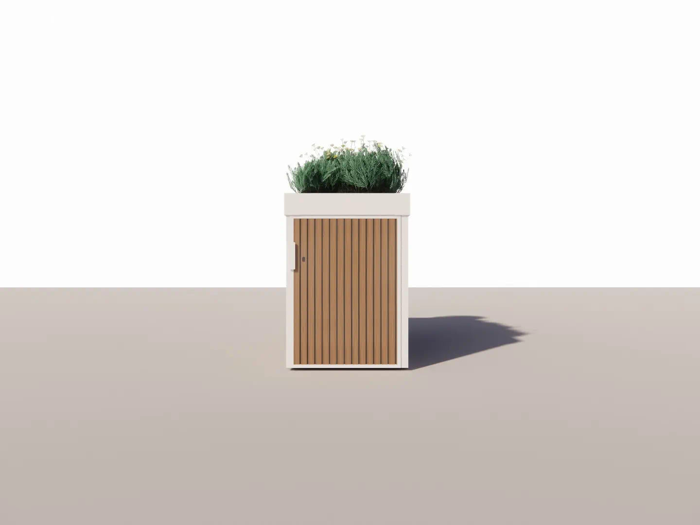 Front view of white Verde Uno bike store closed, blending into a small urban garden