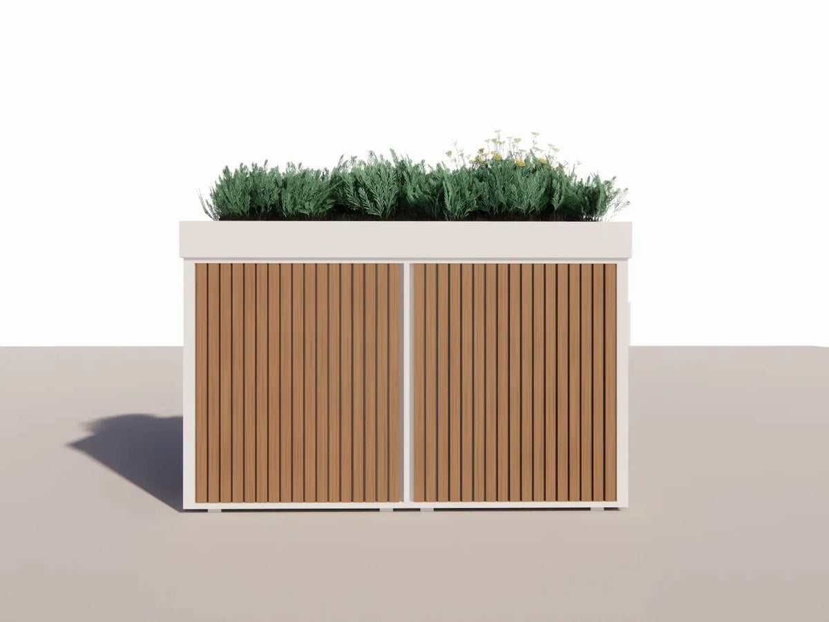 Side angle of white Verde Uno front garden bike storage with timber and green roof