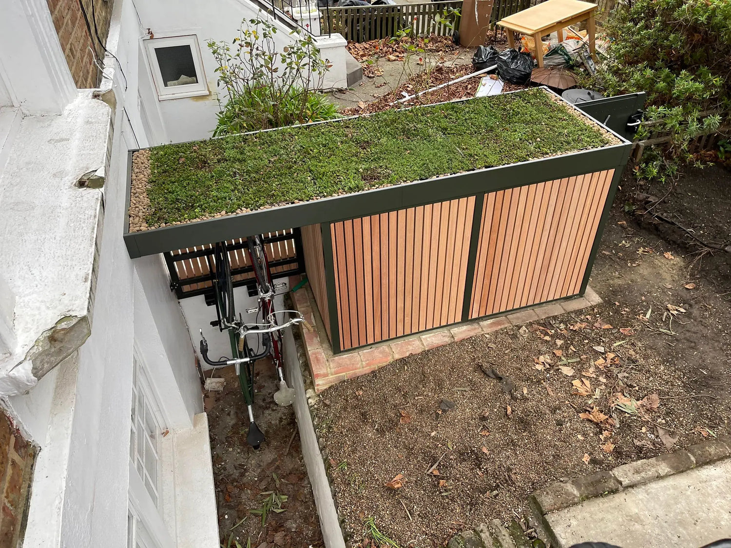 Green roof bespoke bike shed and vertical bike shelter