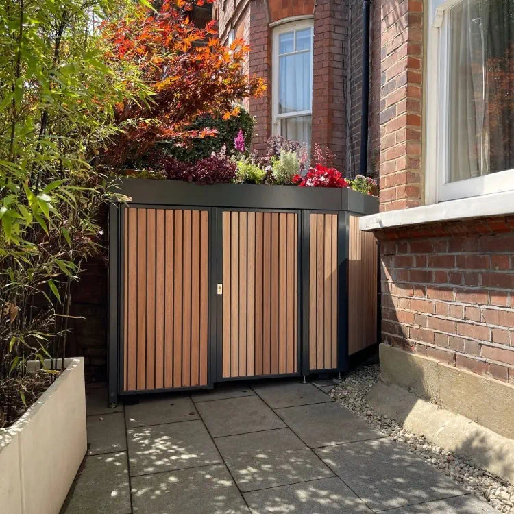 Bespoke front garden bike and bin store with green roof designed and installed in London