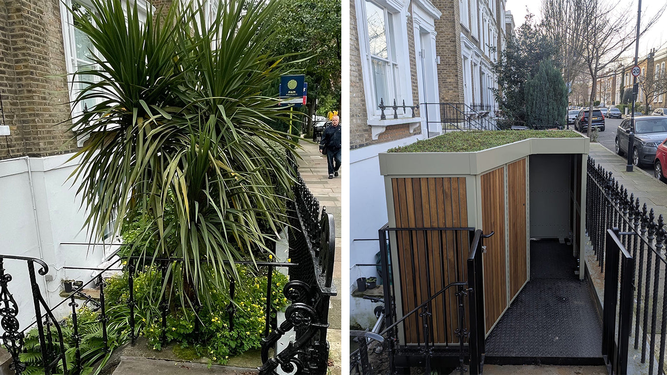 Before and after comparison of a London front garden transformed with the addition of a premium cargo bike storage unit.