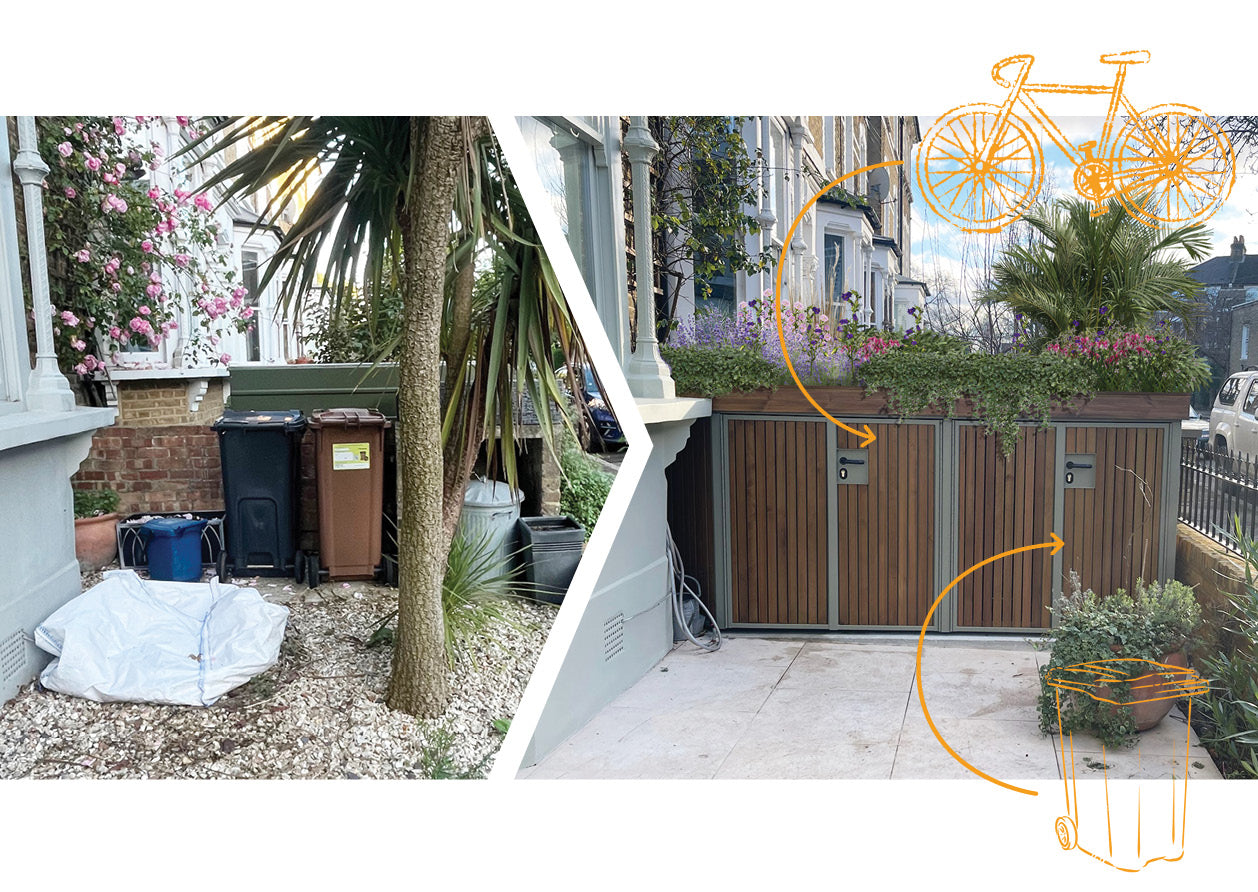 Before and after Verde Forma view integrated in a beautiful georgian front garden with bin and bike shed around bay window