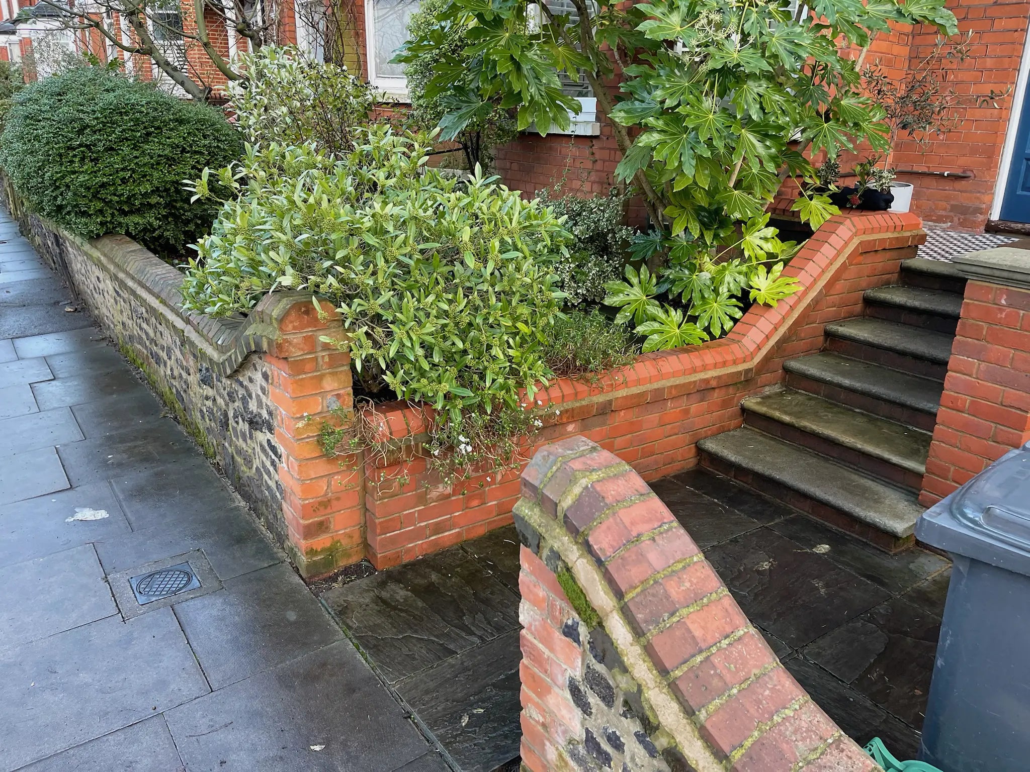 Before image of stepped red brick front garden with planting and no dedicated storage at a London terraced house