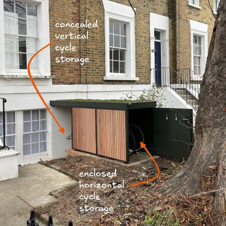 Dark green bespoke bike store with timber cladding, built for maximum security and peace of mind for bikes and belongings