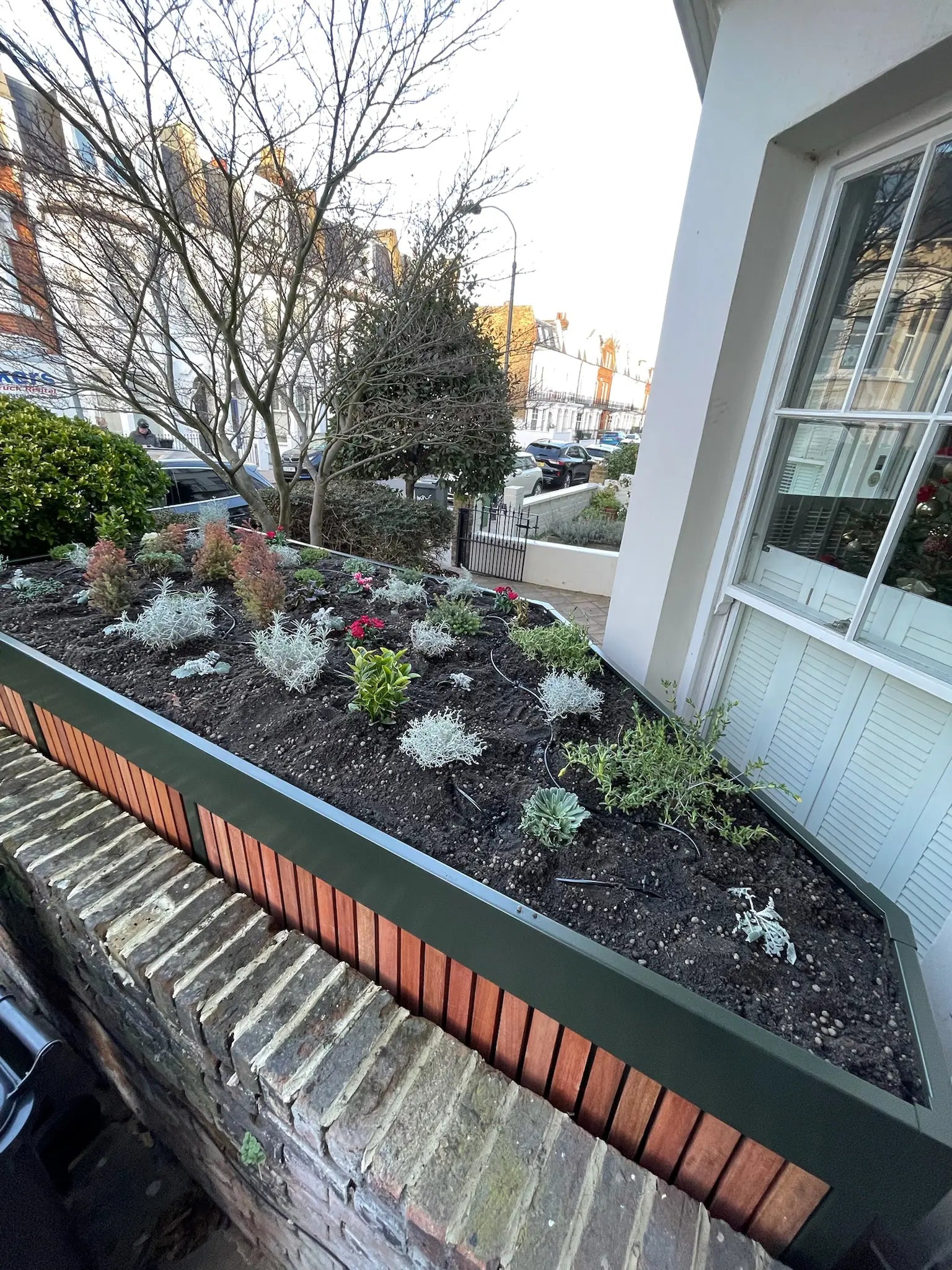 Detail of deep green bike store wrapping neatly around a bay window in a London conservation area frontage