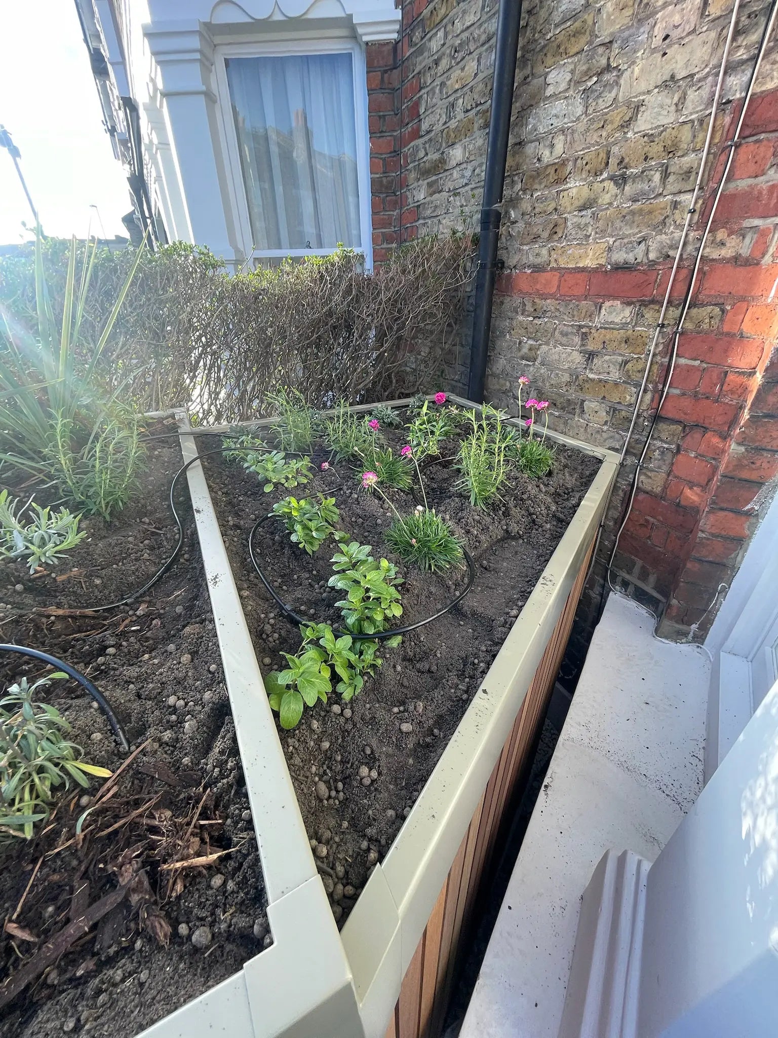 Detail of integrated front garden storage wrapping around bay window within boundary design