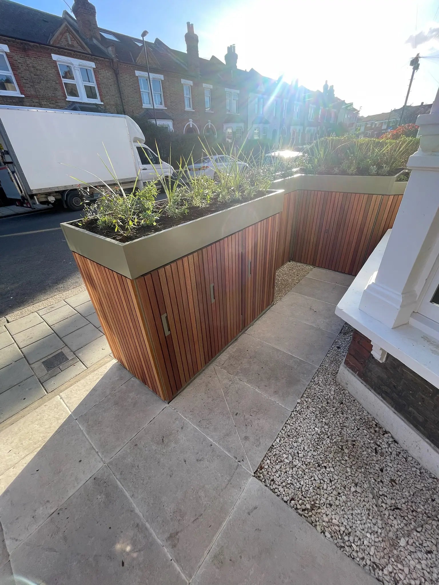 Overview of green roof planting on redesigned front garden boundary wall