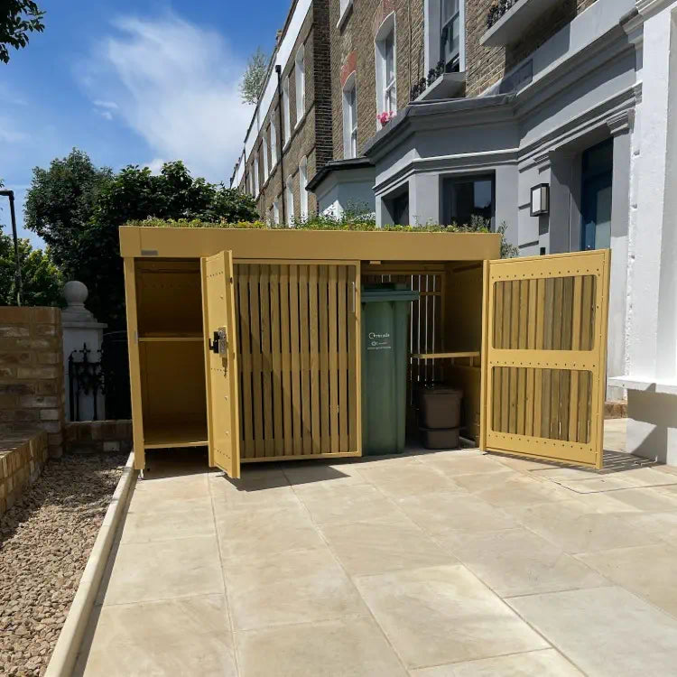 Yellow bin and parcel box store with smooth everyday access, no awkward lifts or tight corners, designed for effortless use in a front garden